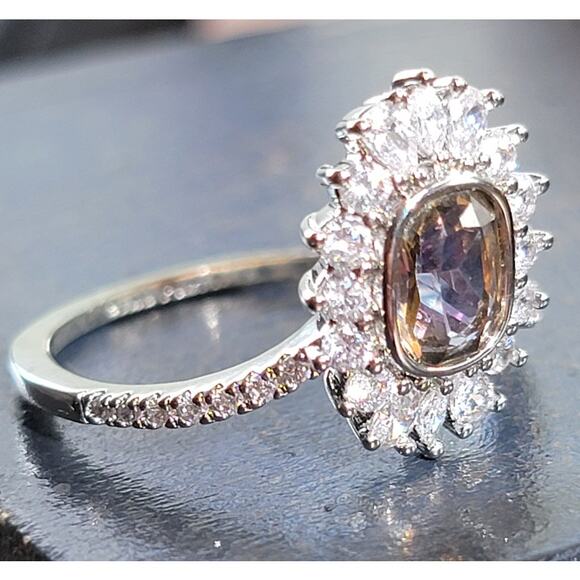 Rhodium Plated Simulated Diamond Halo Ring - Size 9 - Elegant Statement Piece - Picture 2 of 13